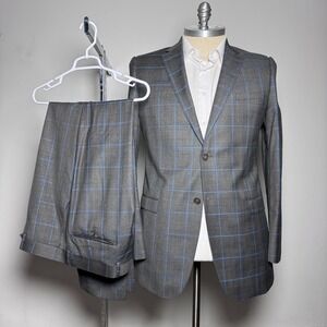 Gray Windowpane Two-Piece Suit with Blue Check